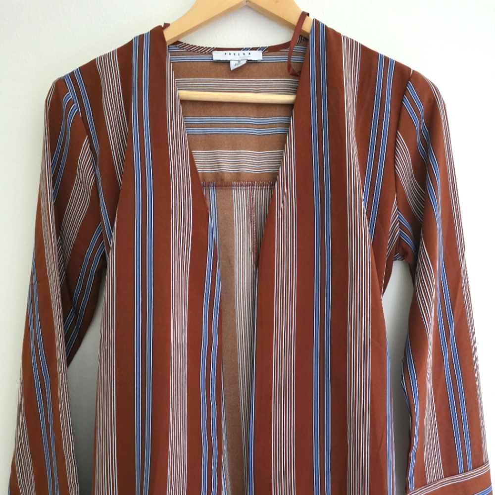NWOT Fav Lux Striped Brown and Blue Long Open Cardigan Sz‎ Small